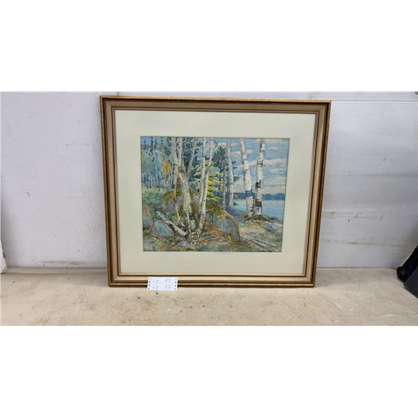 Framed Watercolor Painting by Lynn Sissons, Birch Trees and Lake Landscape, 26 × 30”
