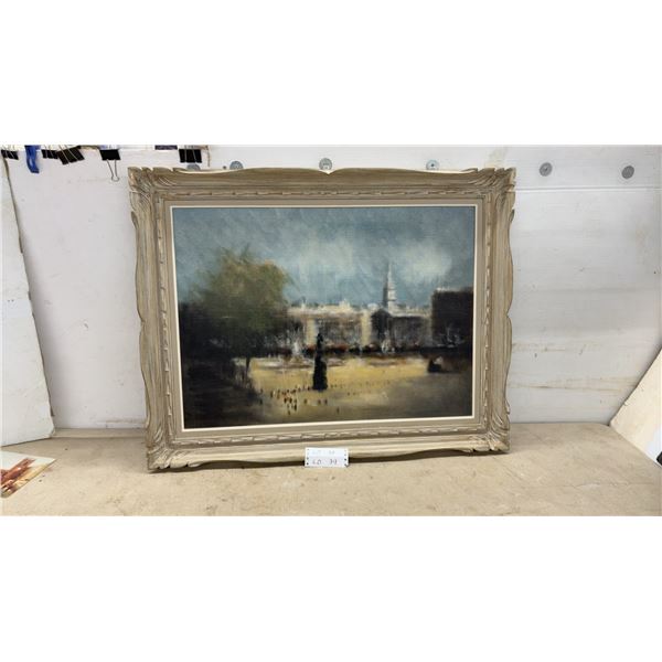 Framed Impressionistic Oil Painting of Trafalgar Square, London, Signed Kitz, Carved Wood Frame
