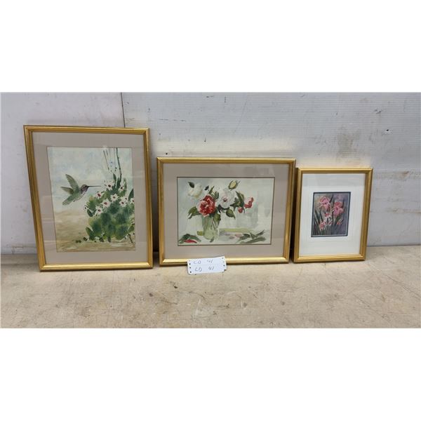 Three Framed Watercolor Paintings Featuring Hummingbird, Roses, by Joyce Hunter and Pink Irises