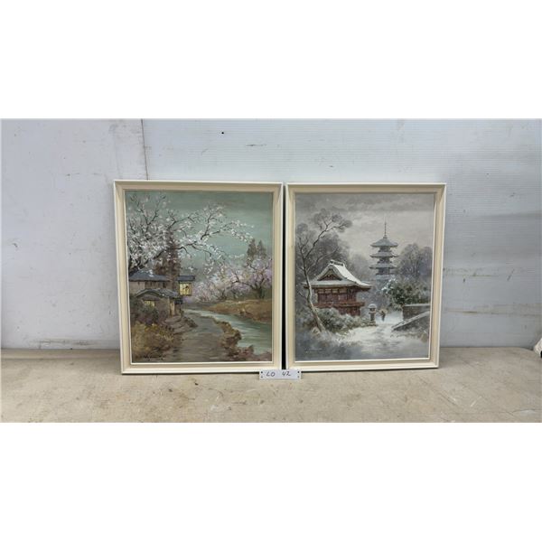 Pair of K. Kamiyama Framed Oil Paintings, Japanese Landscapes with Cherry Blossoms and Pagoda