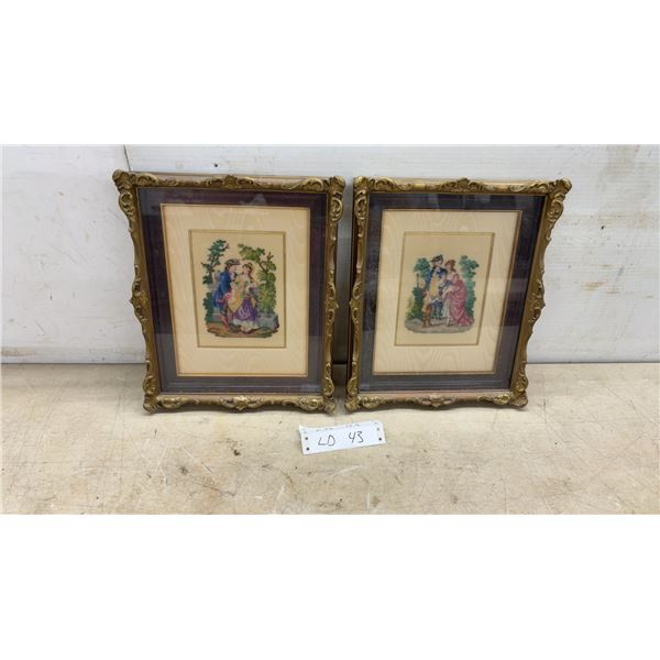 Pair of Framed Rococo-Style Needlepoint Pictures in Ornate Gilded Wooden Frames, 12 × 10”
