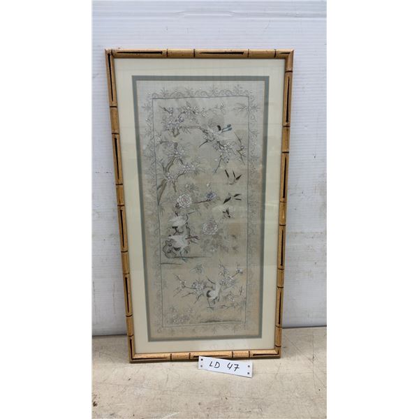 Framed East Asian Silk Embroidery of Embroidered Cranes and Birds Among Flowering Branches, Bamboo