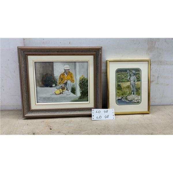 Framed 1993 Watercolor Painting by B. Joyce Hunter, 8 × 10” and Man With Dog and Garden Statue