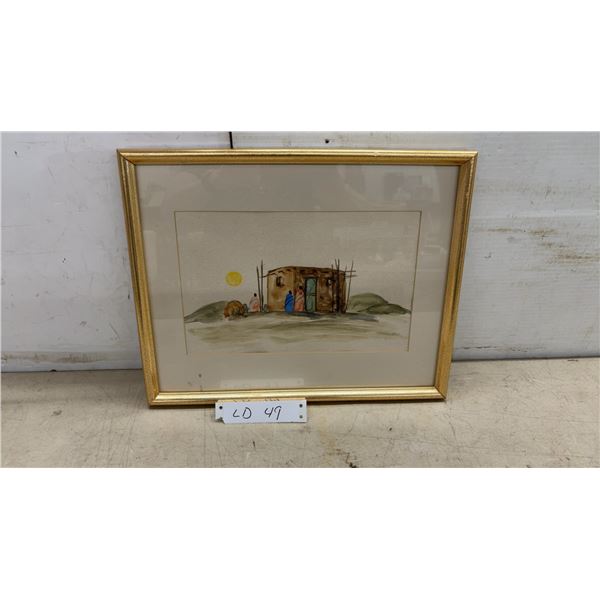 Framed Watercolor Painting by B. Joyce Hunter, 1994, Desert Scene with Dwelling and Figures