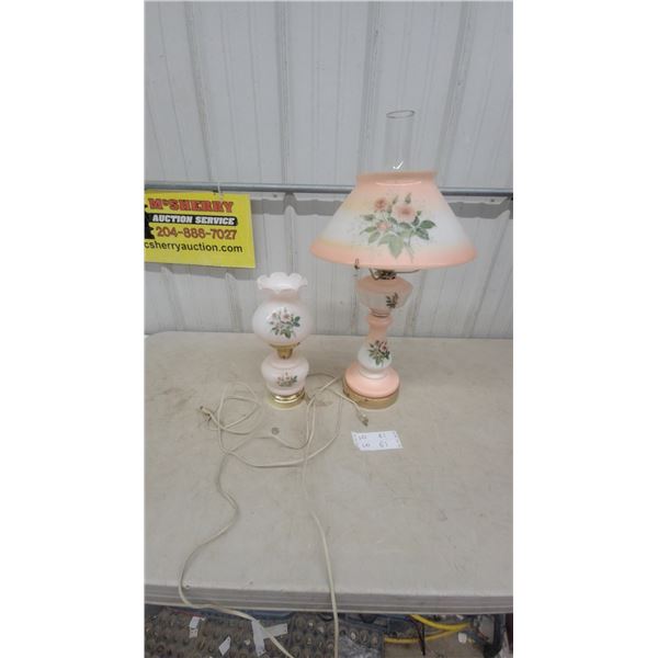Pair of Vintage Hand-Painted Pink Milk Glass Rose Motif Electric Hurricane Parlor Lamps