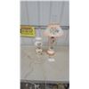 Image 1 : Pair of Vintage Hand-Painted Pink Milk Glass Rose Motif Electric Hurricane Parlor Lamps