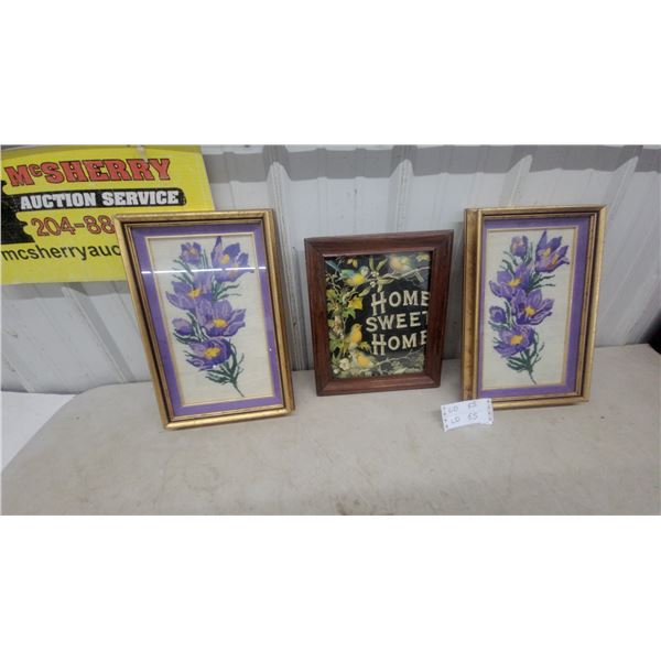 Pair of Framed Purple Floral Cross-Stitch Artworks and Framed "Home Sweet Home" Bird Print