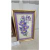 Image 3 : Pair of Framed Purple Floral Cross-Stitch Artworks and Framed "Home Sweet Home" Bird Print