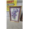 Image 4 : Pair of Framed Purple Floral Cross-Stitch Artworks and Framed "Home Sweet Home" Bird Print