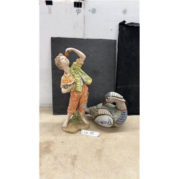 Capodimonte-Style Porcelain Figurine of Barefoot Boy With Oranges 19 1/2” Tall and Mexican Duck