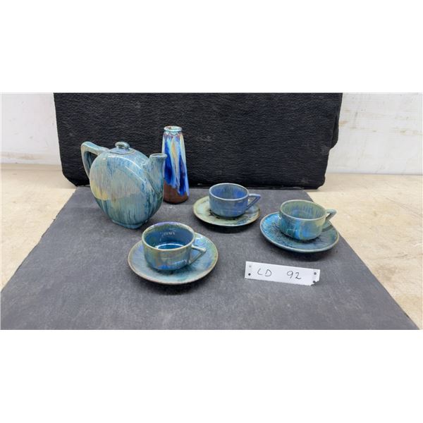 O'Tère French Art Pottery Set with Teapot, Vase, and Three Demitasse Cups with Saucers
