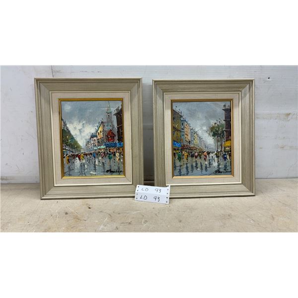 Pair of Framed Oil Paintings, European Street Scenes, Signed Maurino, 15 × 13”
