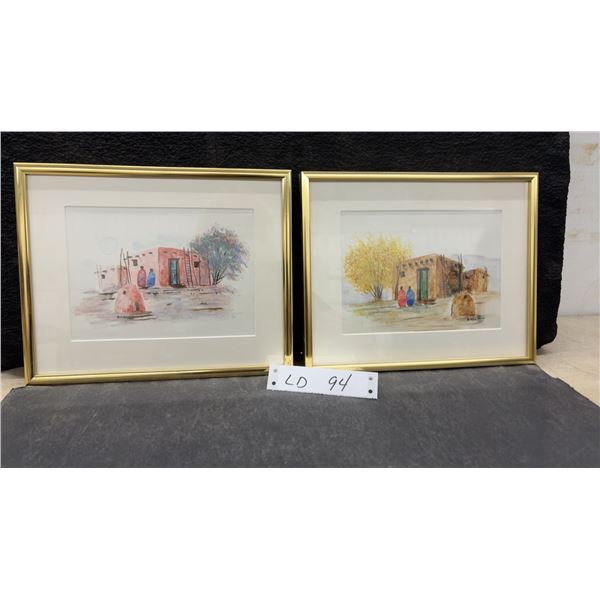 Pair of B.J. Hunter 1994 Southwestern Adobe Village Signed Watercolor Paintings, Gold Framed