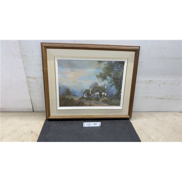 George Carter Original Signed Oil Painting on Canvas, Thatched Cottage Landscape, Framed, 19 × 22”