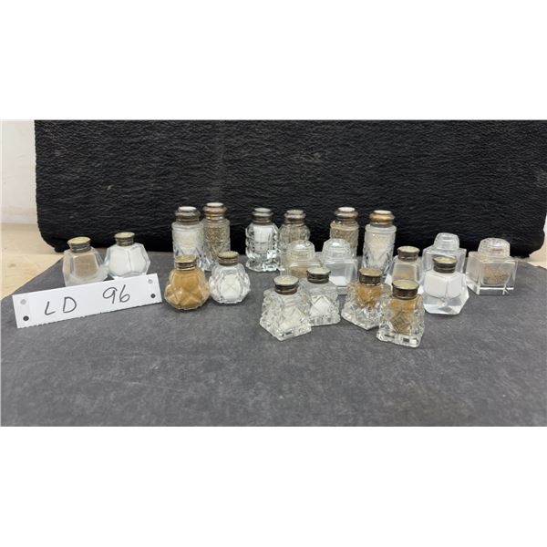 Ten Sets Vintage Cut Glass Salt and Pepper Shakers 8 Sets With Sterling Silver Tops