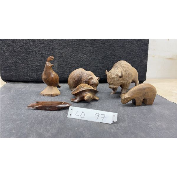 Hand-Carved Wooden (Ironwood) Animal Figurines Including Bison, Bears, Turtle, Bird, and More.