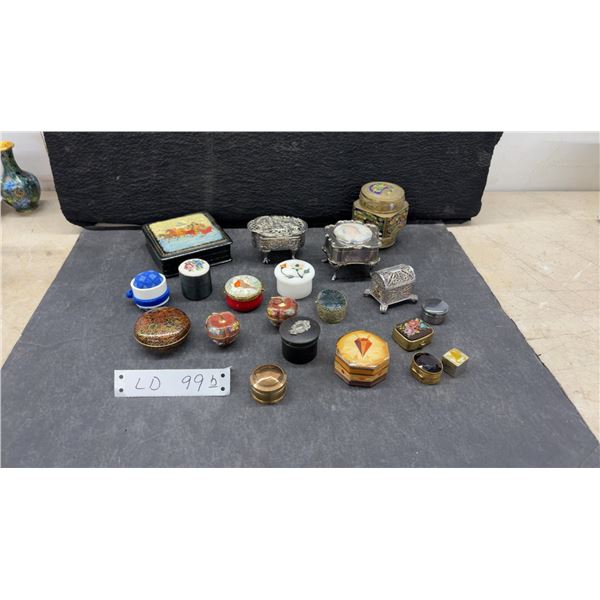 Collection of Snuff Boxes and Trinket Boxes, Cloisonné, Silver, and Brass