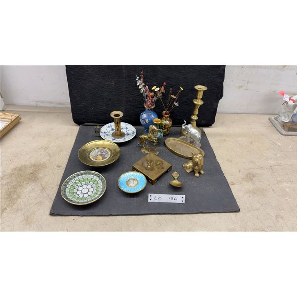 Three Cloisonné Enamel Vases with Decorative Floral Stems, Brass Figurines, Candlestick Holders