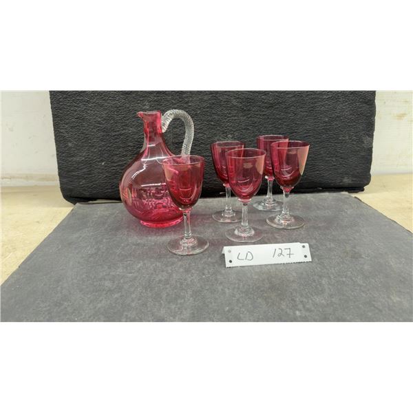 Vintage Cranberry Glass Decanter with Twisted Clear Handle and Five Matching Stemmed Wine Glasses