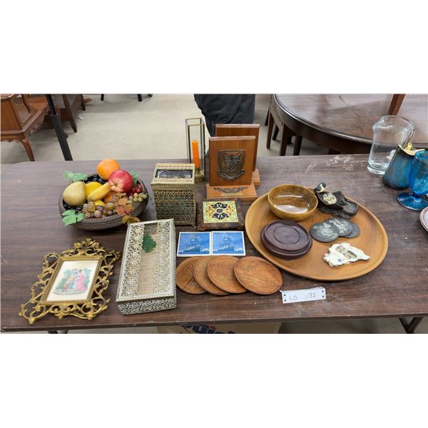 Wood Bowl with Faux Fruit, Ornate Boxes, Coasters, Book Ends, Wood Tray