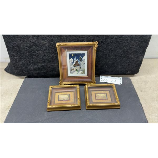 Framed Petit Point "Night Scene" by B. Joyce Hunter, 8 × 7” and Two Miniature Urban Scene Prints
