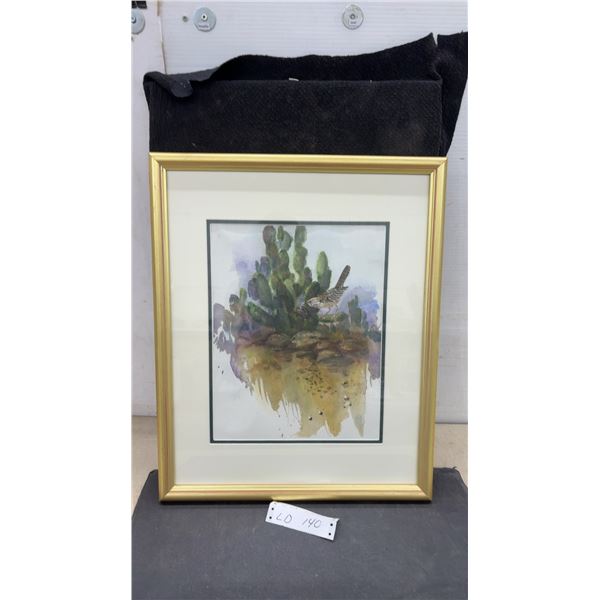 Framed Watercolor Painting of Cactus Wren on Prickly Pear, Signed and Dated, 22 × 18”