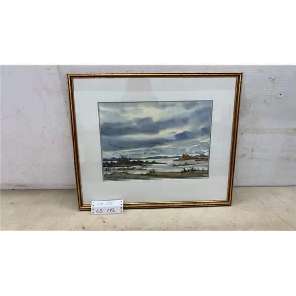 K.F. Martin Framed Original Watercolor Painting, Marsh Landscape With Birds and Cloudy Sky