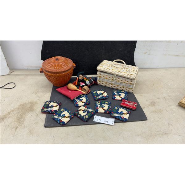 Woven Sewing Basket, Wicker Lidded Pot, Unicorn Needlepoint Squares, Embroidered Sewing Kit