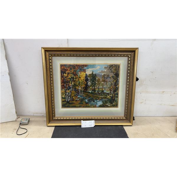 Framed Needlepoint Tapestry of Autumn Landscape With Trees and Water in Gilt Frame, 24 × 27”