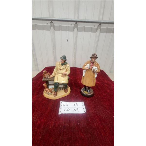 Two royal doulton Porcelain Figurines: Man Feeding Squirrels lunch time and lambing time 9” + 8”