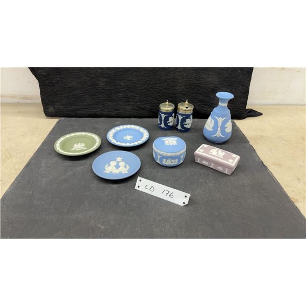 Wedgwood Jasperware Collection Including Royal Wedding Plate, Zodiac Plate, Vase, Shakers and Other