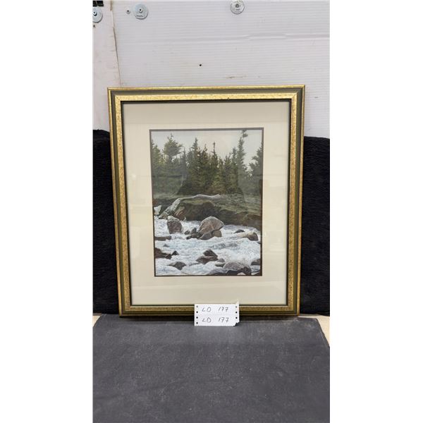 Framed Winter Landscape Artwork Signed by A. D. Paquette, Evergreens and Stream, 22 1/2 × 18”