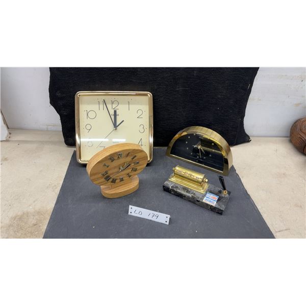 Cardinal Wall Clock, Seiko Desk Clock, Wooden Oval Clock, and Marble and Brass Desk Calendar