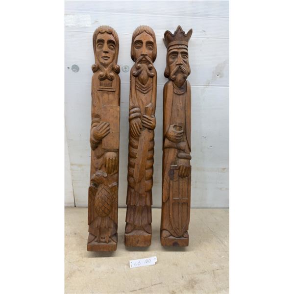 Set of Three Hand-Carved Wooden Folk Art Figural Pillars, Woman, Bearded Man, and Crowned King
