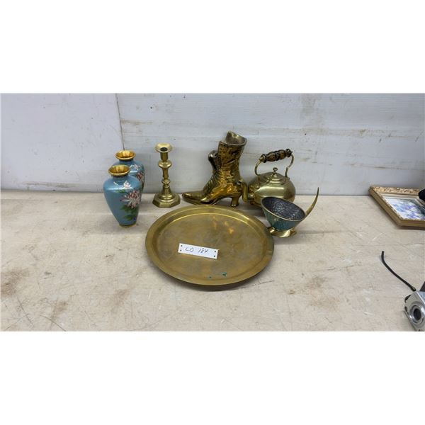 Brass Lot: Cloisonné Vases, Candlestick, Boot, Kettle, Scoop, and Tray