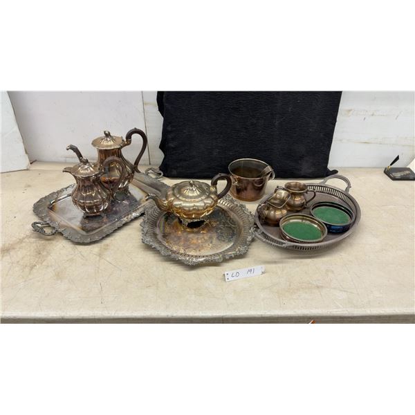 Vintage Silver-Plated Lot: Serving Trays, Coffee and Tea Sets, Bucket