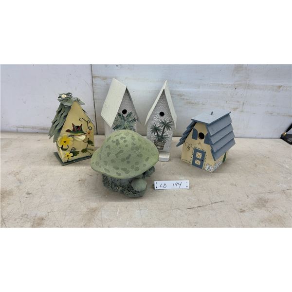 Decorative Birdhouses with Palm Tree, Floral, and Shingle Designs and Mushroom Garden Statue