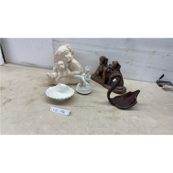 Carved Wooden Dachshund Bookends, Girl With Dog Figurine, Swan Dish, Hummingbird Music Box
