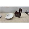 Image 8 : Carved Wooden Dachshund Bookends, Girl With Dog Figurine, Swan Dish, Hummingbird Music Box