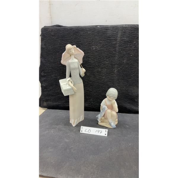 Lladró Porcelain Figurine, #6443 Lady With Parasol and Box and #5649 My Little Puppy