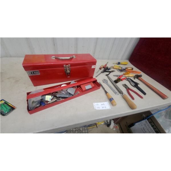 Red Metal Toolbox with Assorted Hand Tools: Wrenches, Screwdrivers, Pliers, Hammer