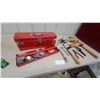 Image 1 : Red Metal Toolbox with Assorted Hand Tools: Wrenches, Screwdrivers, Pliers, Hammer
