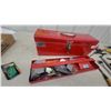 Image 2 : Red Metal Toolbox with Assorted Hand Tools: Wrenches, Screwdrivers, Pliers, Hammer