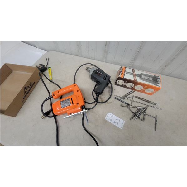 Black and Decker Jigsaw, Duramark Drill, Black and Decker Drill Guide, and Drill Bits