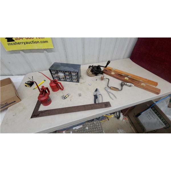 Vintage Hand-Crank Bench Grinder, Oil Cans, Wood Levels, Hand Drill, Parts Organizer