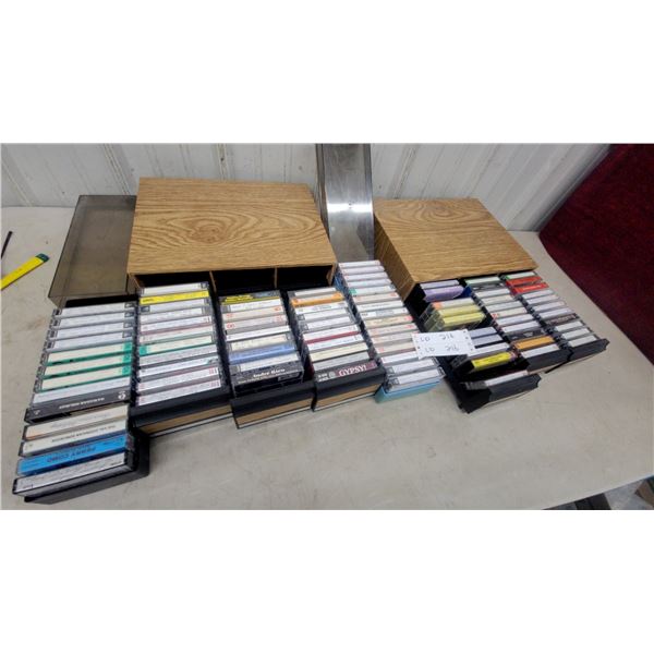 Large Lot of Audio Cassette Tapes and Wood Cassette Storage Cabinets