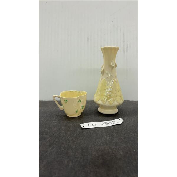 Belleek Lily of the Valley Ceramic Vase and Shamrock Teacup, 7th Mark, 1980-1993