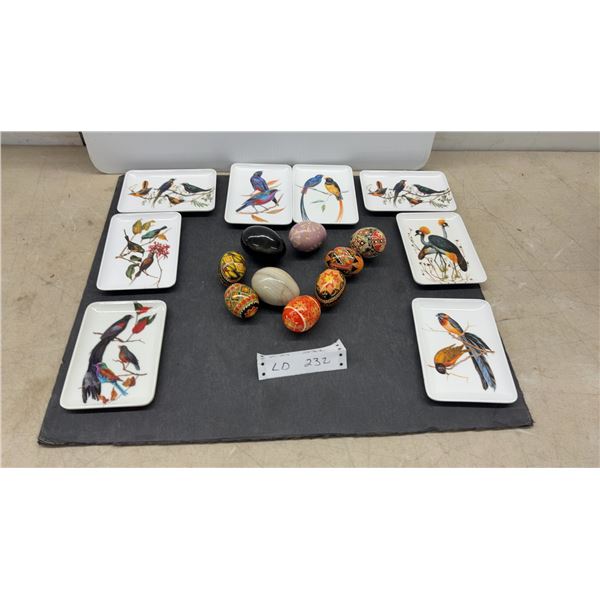 Bird Illustration Rectangular Plates, Ukrainian Pysanky Eggs, and 2 Marble Eggs