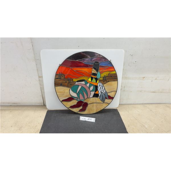 Southwestern Stained Glass Panel with Pueblo, Pottery, and Feather Sunset Scene, 18” Diameter