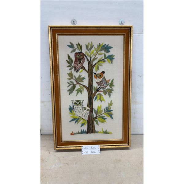 Vintage Framed Embroidered Owl Family in Tree Needlepoint Art in Gold Wooden Frame, 28 × 19”